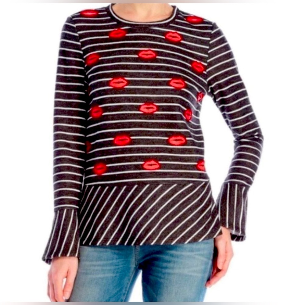 Nanette Lepore Black and White Striped Top With Red Beaded Lips Size Small
